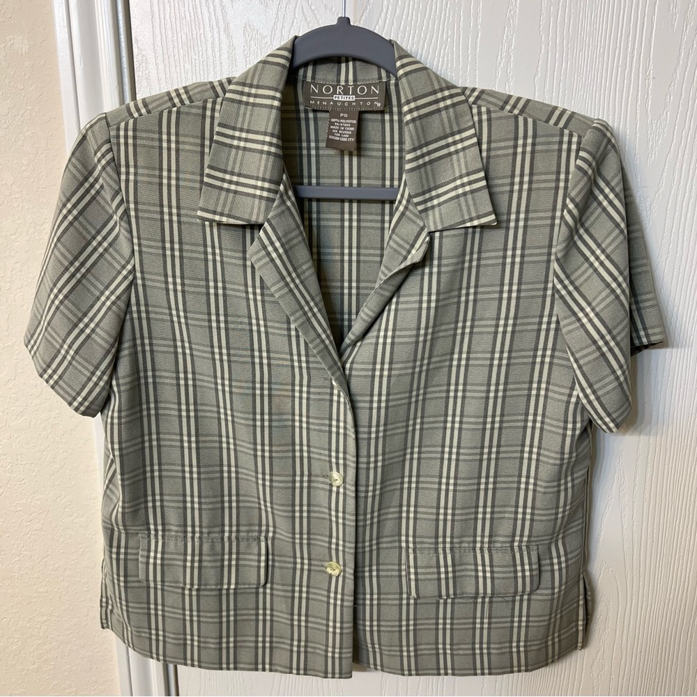 Vintage Norton McNaughton Plaid Button-Down Green Short Sleeve Blouse, Petite S